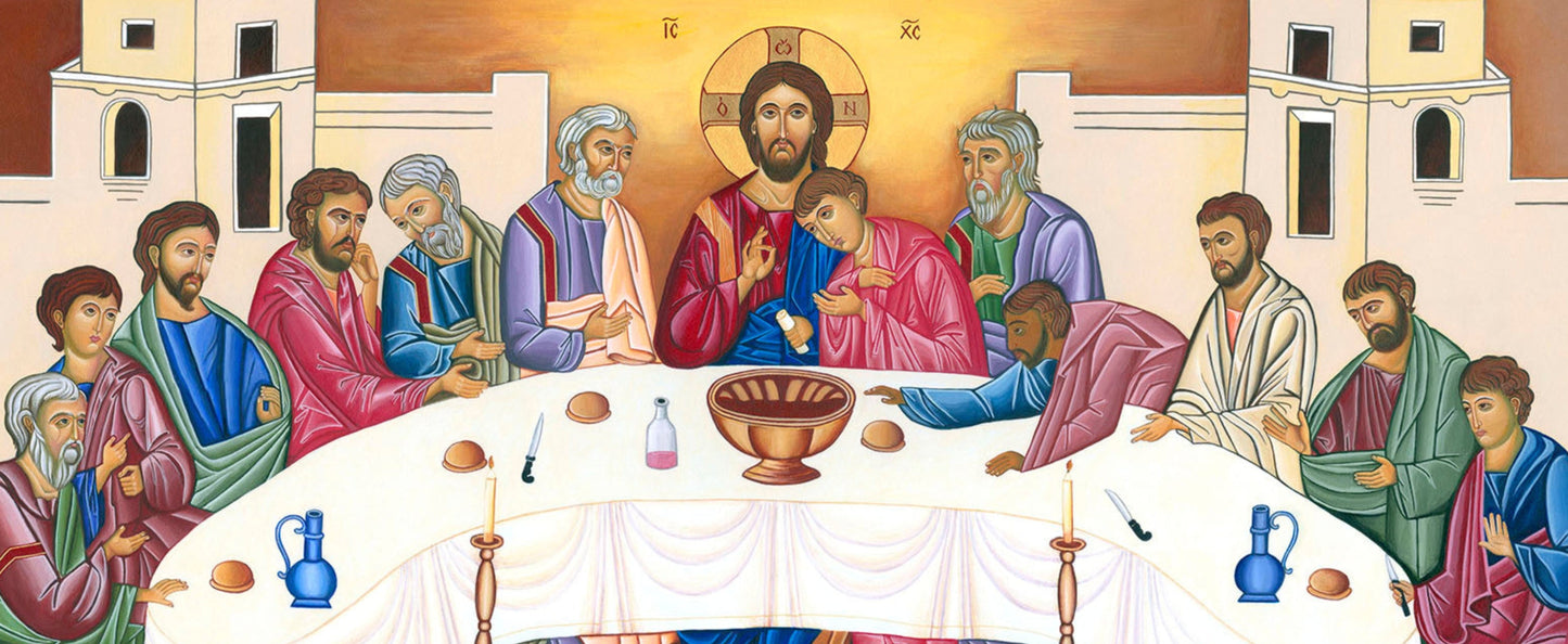 Iconic depiction of the Last Supper with Jesus and apostles around a table.